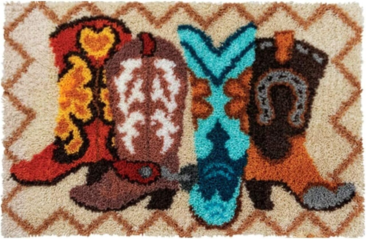 Latch Hook Kits DIY Crochet Yarn Kits: Boots Carpet Embroidery Hook Rug Kit Needlework Sets Cushion for Kids or Adults Home Decor 20x15inch